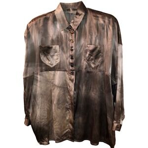 Vintage Linalee Beverly Hills Brown Satin Button-Up Shirt With Chest Pockets